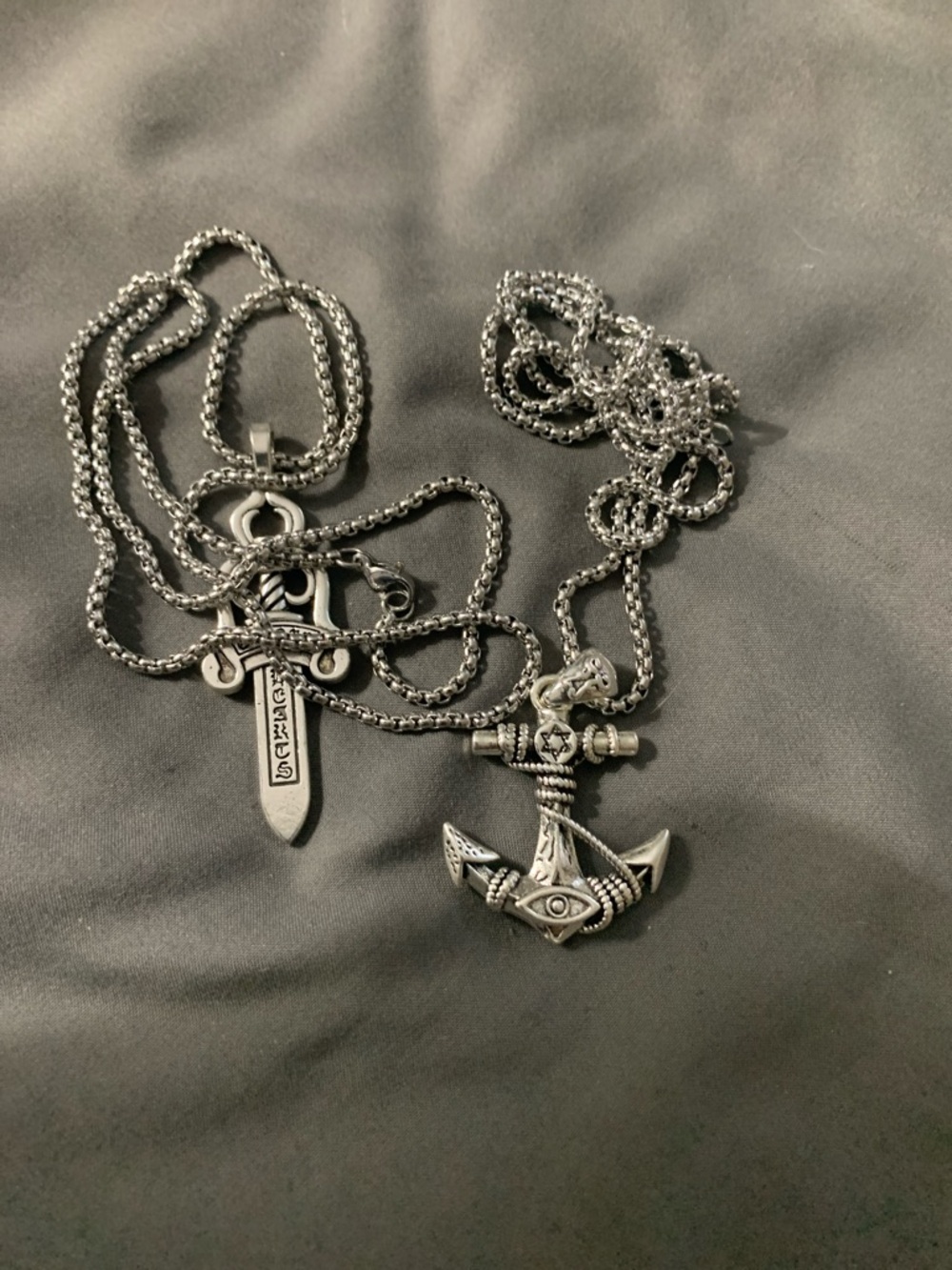 Silver Anchor and Sword Pendant Necklace Set